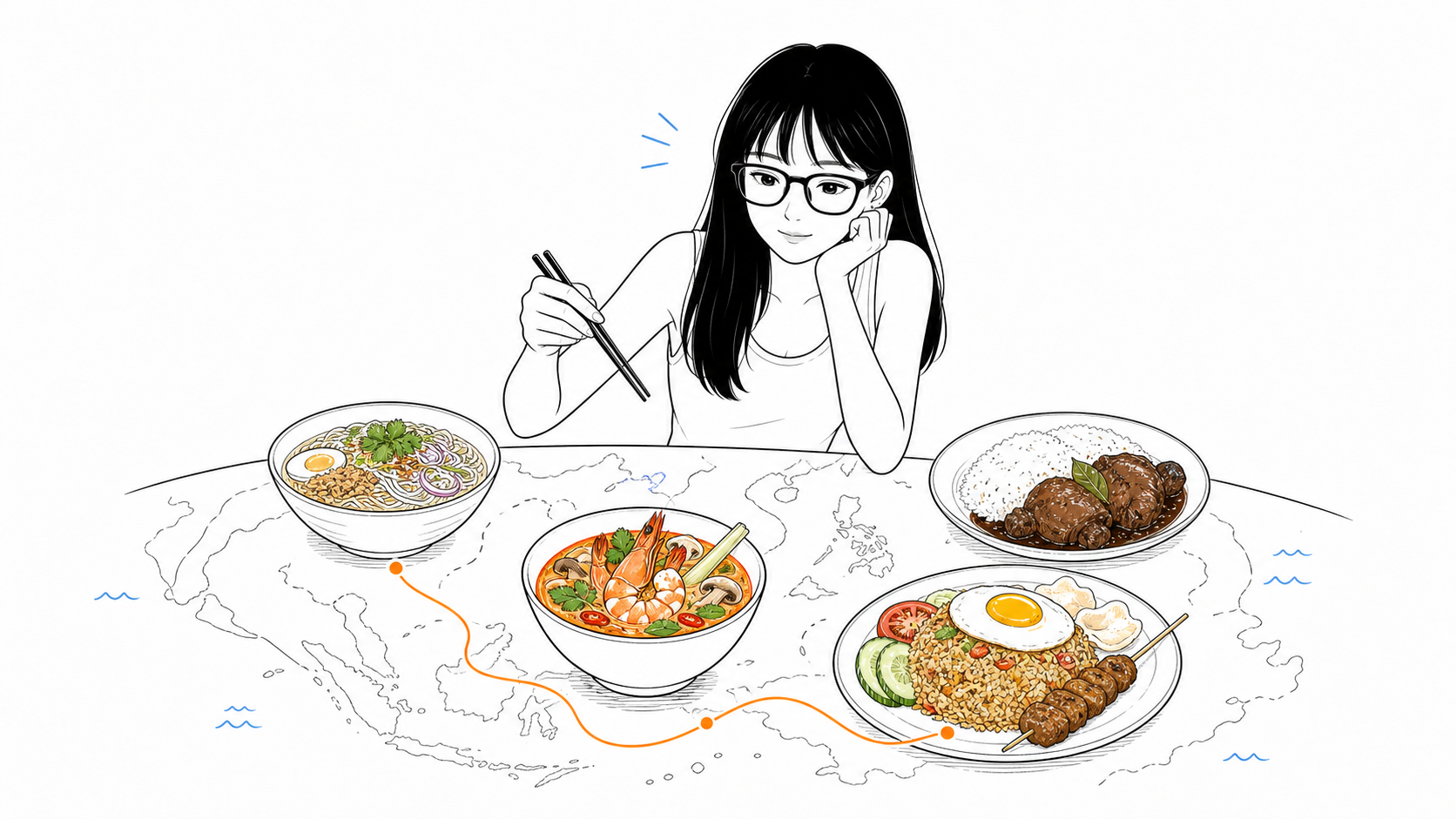 東京で東南アジア料理を楽しむ様子のイラスト