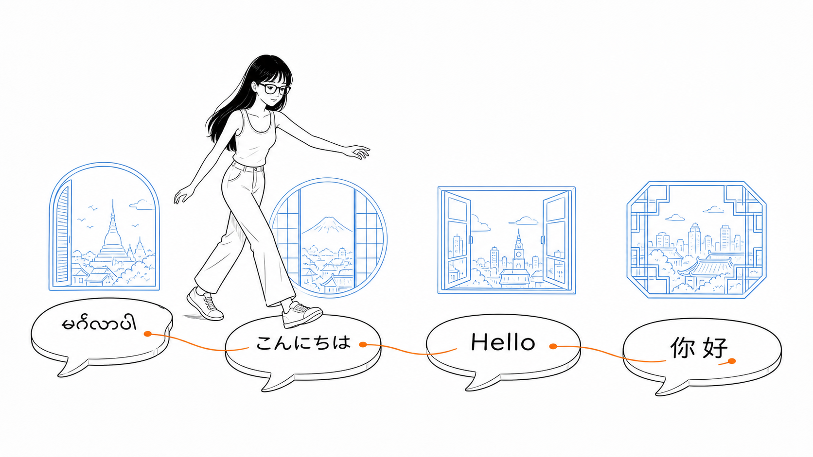 ビルマ語、日本語、英語、中国語を学ぶ様子のイラスト