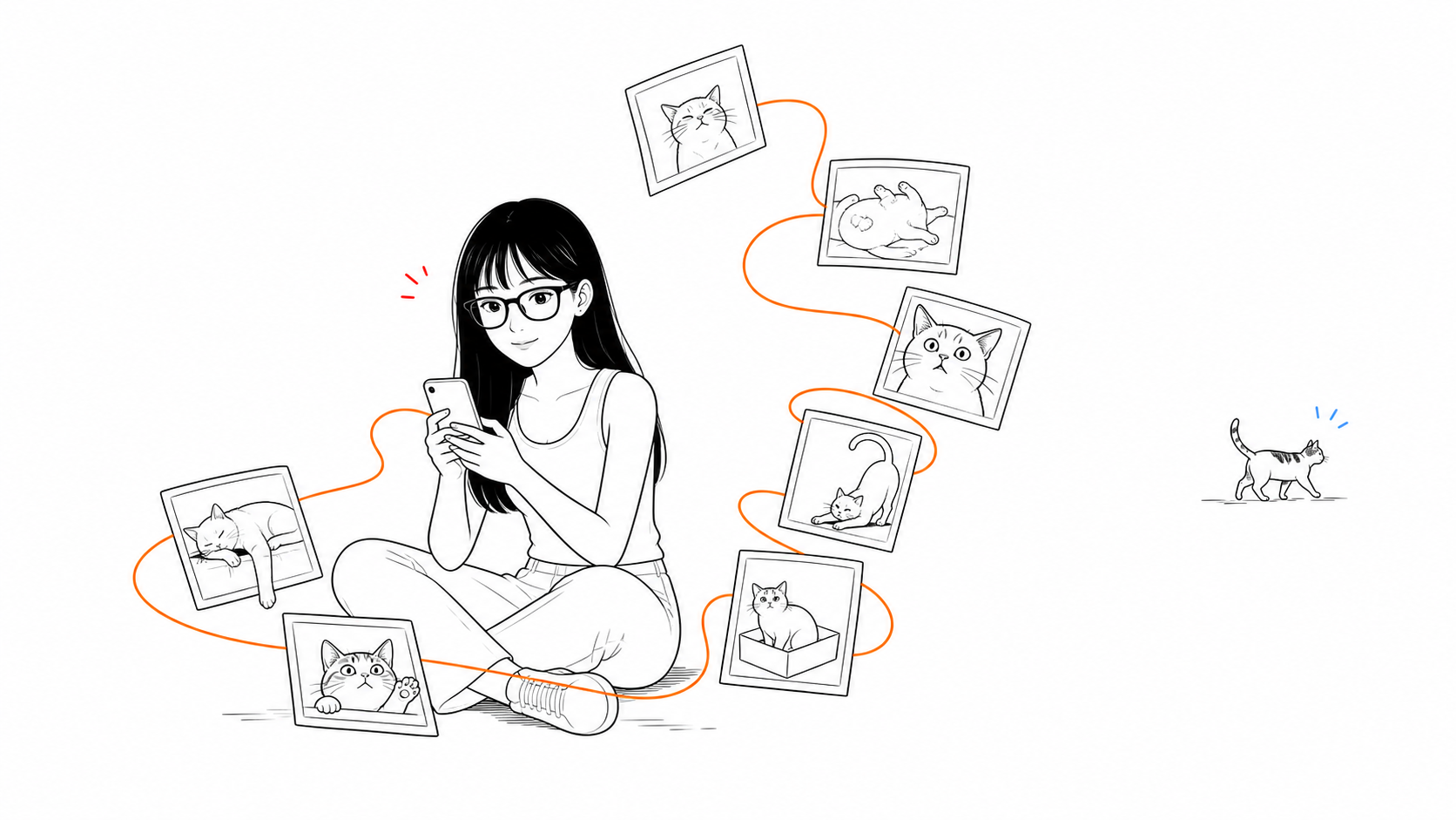 猫の写真でいっぱいのカメラロールを表したイラスト