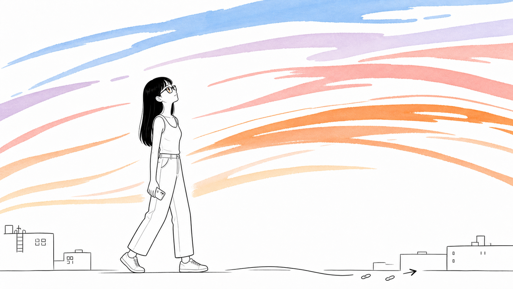 色鮮やかな夕焼けを眺めている様子のイラスト